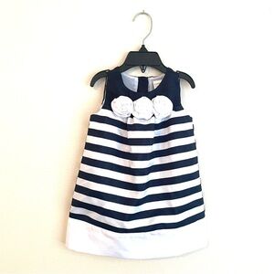 Gymboree Navy and White Striped Formal Party Dress with Floral Rosette Accents